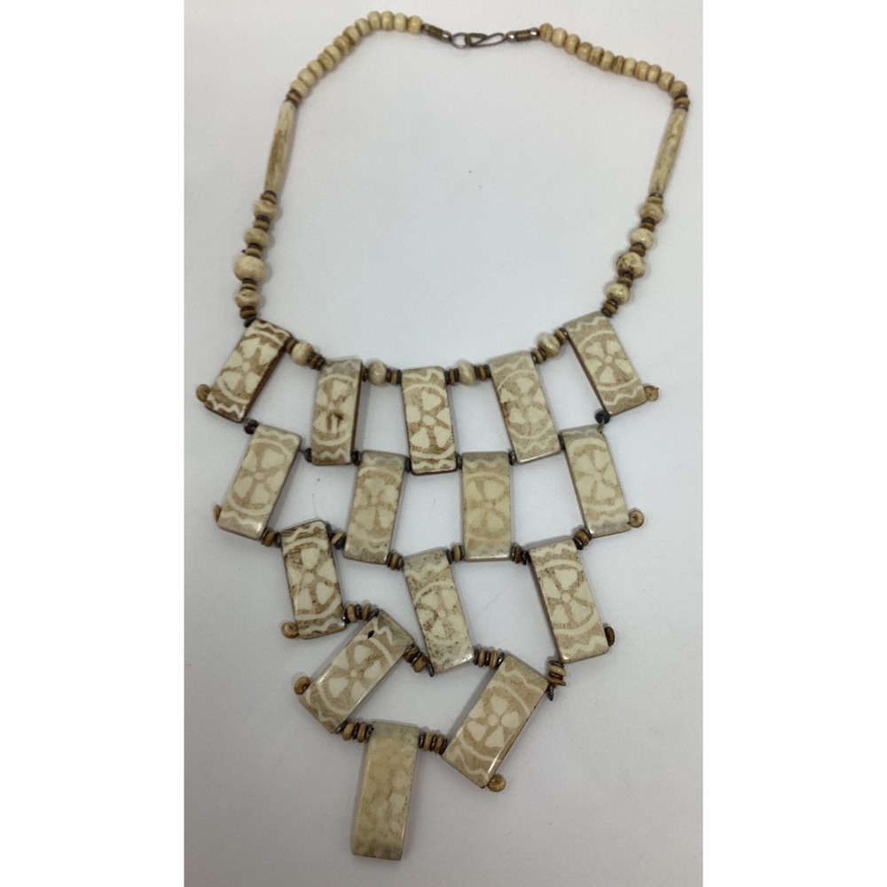 Vintage Boho Statement Bib Necklace Tribal Bone Beads Geometric Pendant